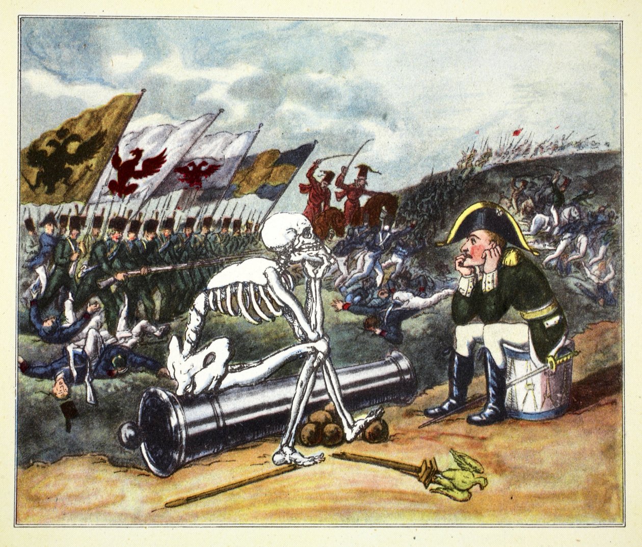 Napoleão no campo de batalha de Leipzig, 1813 (gravura colorida à mão) de Thomas Rowlandson