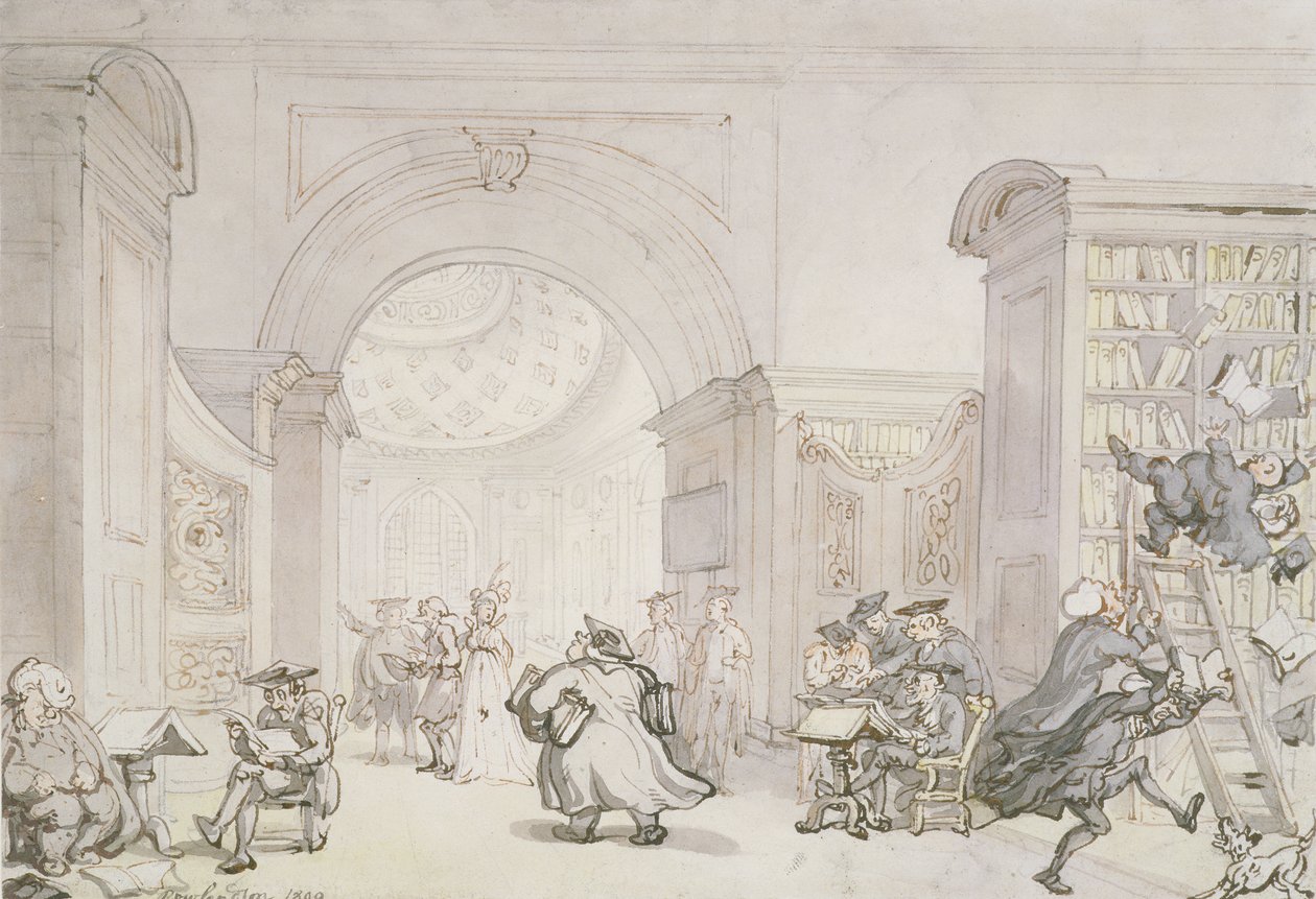 No.0613 A Sala Oeste e a Sala da Cúpula da Antiga Biblioteca da Universidade, Cambridge, 1800 (lápis, tinta e wc) de Thomas Rowlandson