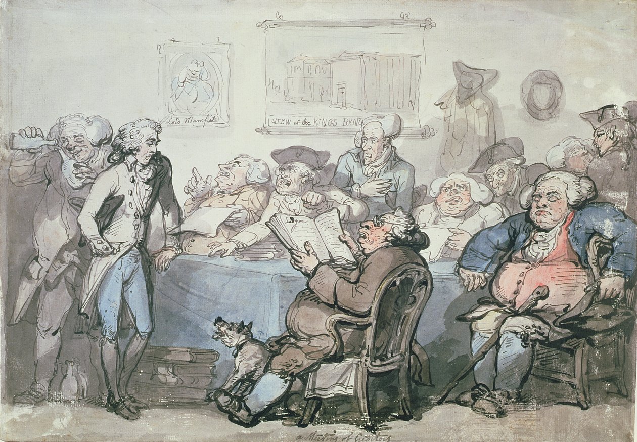 No.1744 Uma Reunião de Credores (caneta, tinta e wc em papel) de Thomas Rowlandson