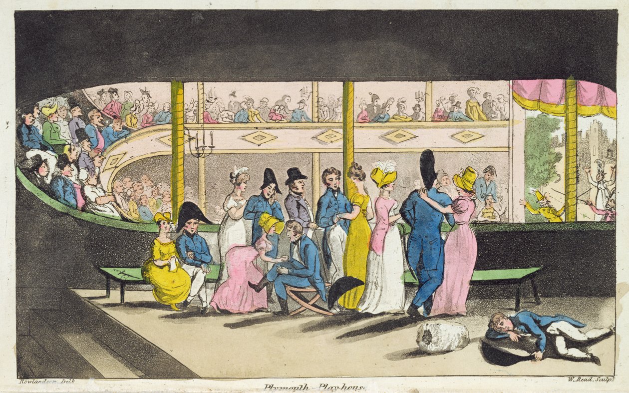 Plymouth Playhouse, prato de "As Aventuras de Johnny Newcome na Marinha", de John Mitford (1782-1831) gravado por W. Read, 1818 de Thomas Rowlandson