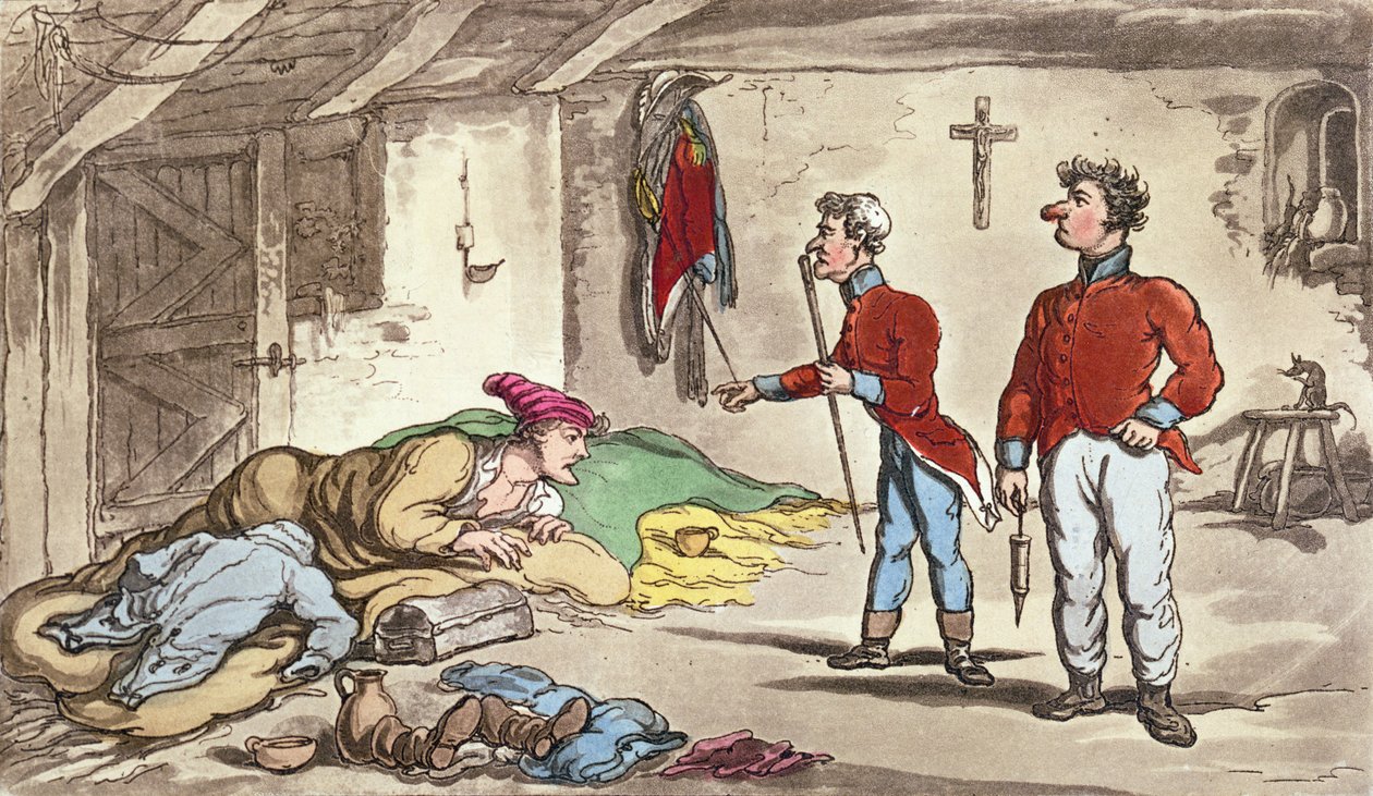 Pobre Johnny na lista de doentes, pl. 9 do livro "As Aventuras Militares de Johnny Newcome", Patrick Martin, 1815 (gravura a cores) de Thomas Rowlandson