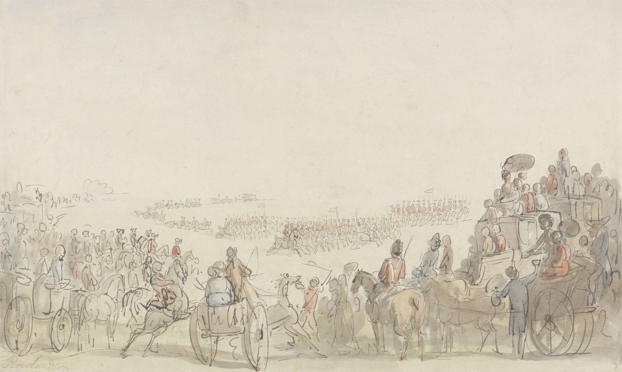 Revisão dos Voluntários do Cavalo Leve em Wimbledon Common, 1798 (caneta e tinta com wc sobre grafite sobre papel) de Thomas Rowlandson