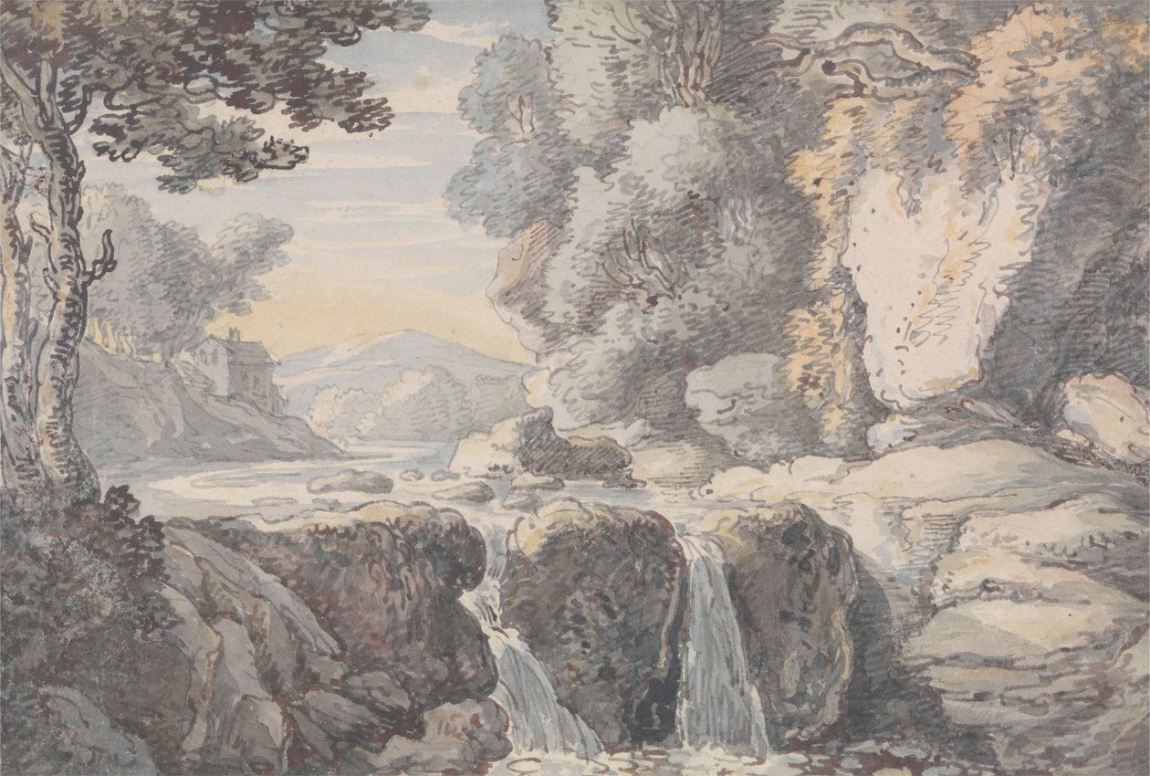 Paisagem do rio com uma cachoeira de Thomas Rowlandson