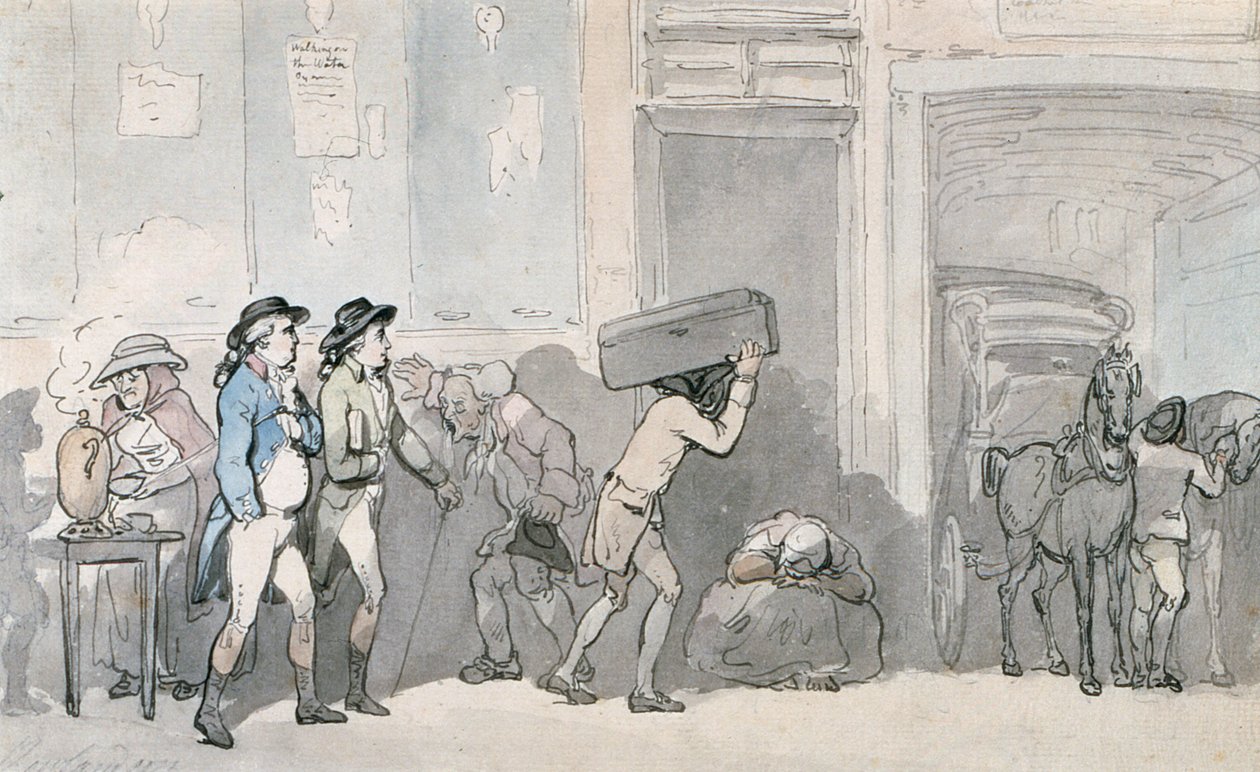 Rowlandson e Wigstead (1745-93) Chegando em uma pousada (caneta e tinta cinza e wc no papel) de Thomas Rowlandson
