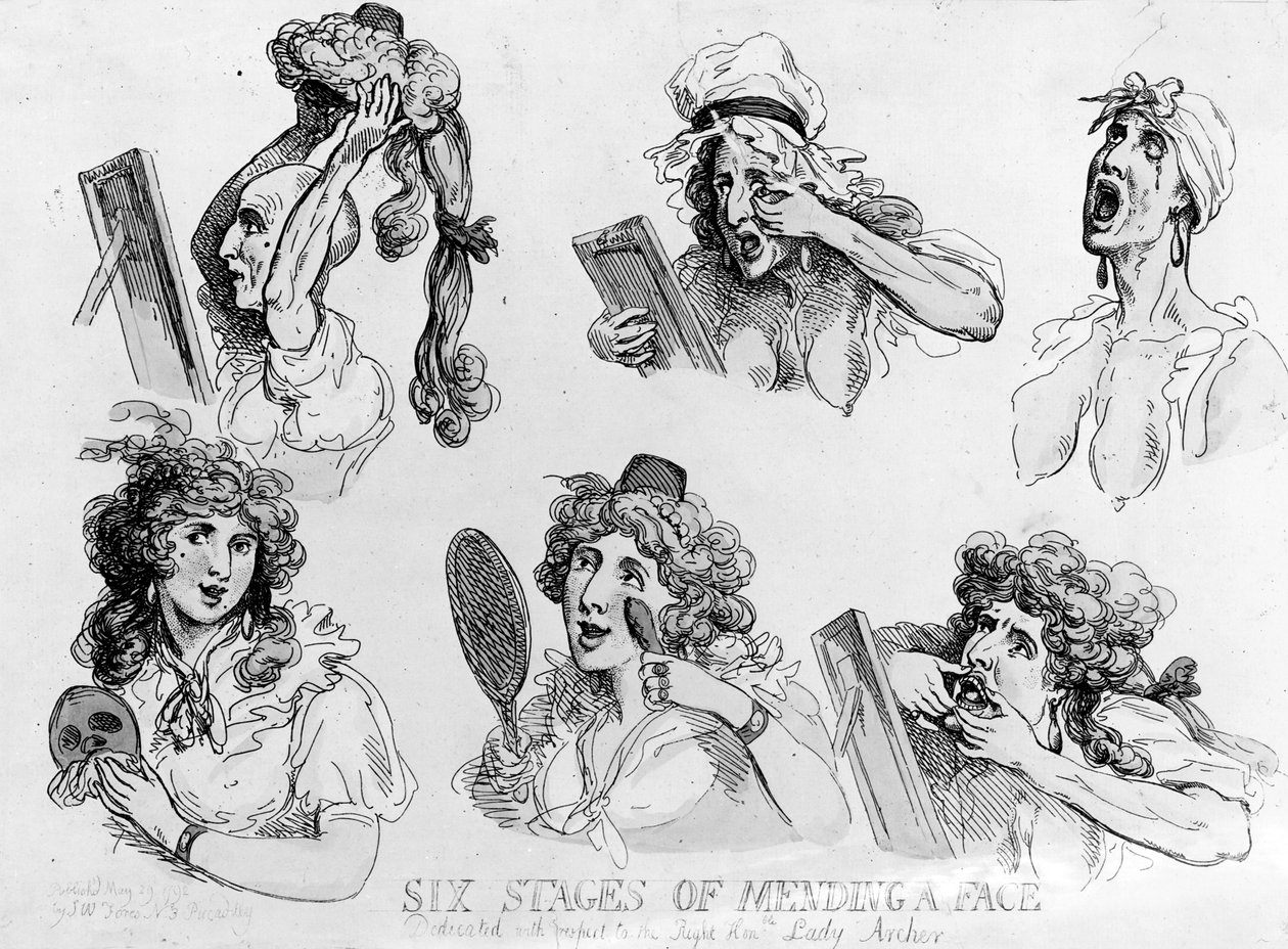 "Seis Estágios de Fazer uma Face", impresso por SW Fores, 1792 de Thomas Rowlandson