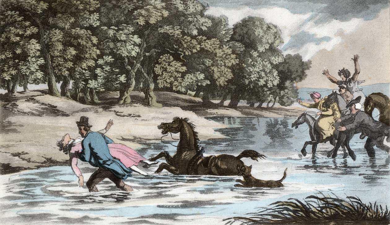 Sophia resgatada da água, ilustração de "O Vigário de Wakefield" por Oliver Goldsmith, pub. Ackermann, 1817 (aquatinta colorida à mão) de Thomas Rowlandson