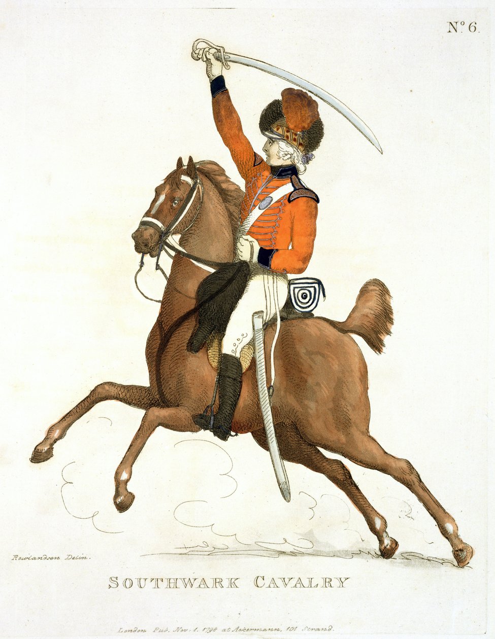 Southwark Cavalry Volunteer, prato 6 de "Loyal Volunteers of London and Environs", publicado em 1798 de Thomas Rowlandson