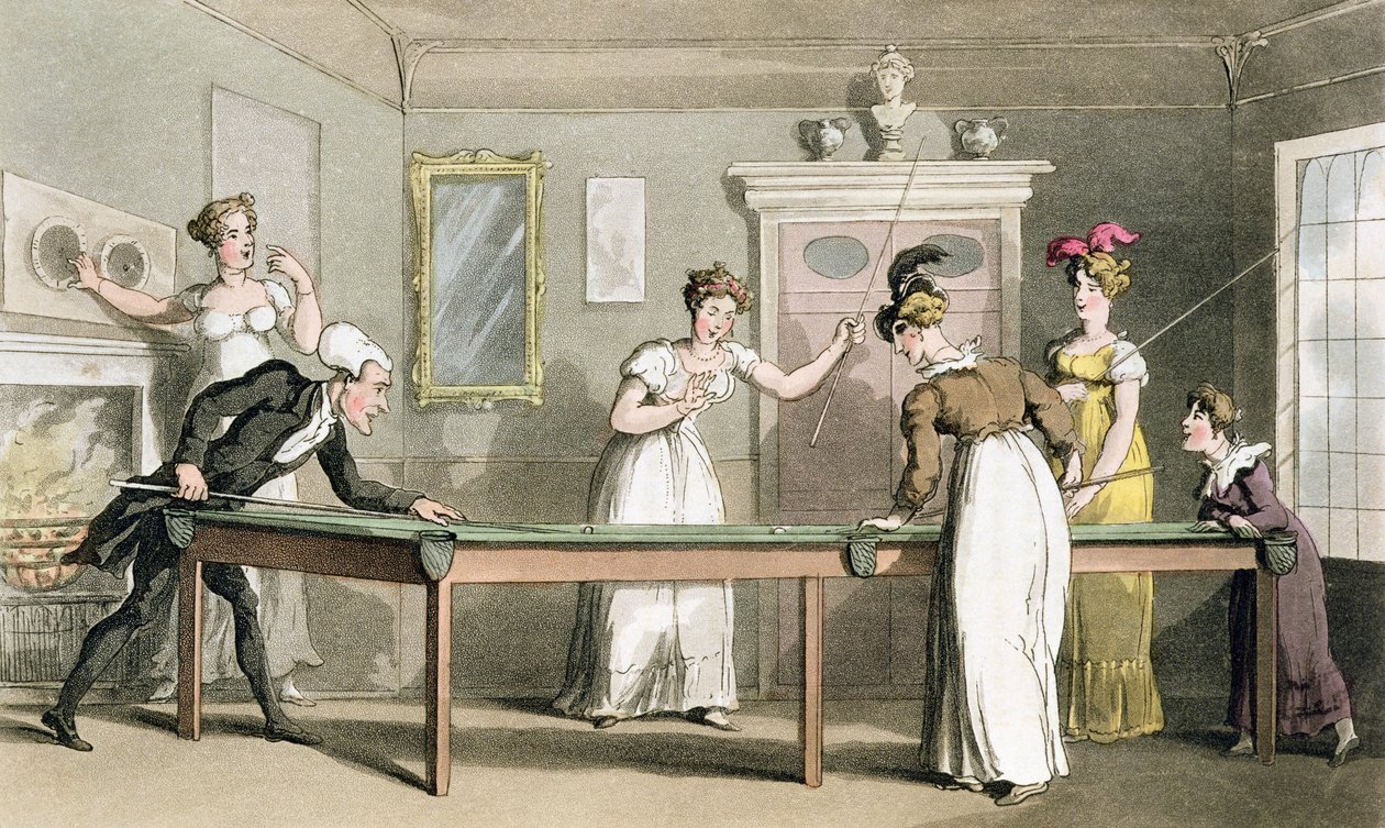 A mesa de bilhar, de "O tour do Dr. sintaxe em busca do pitoresco", por William Combe, publicado em 1812 (aquatint) de Thomas Rowlandson
