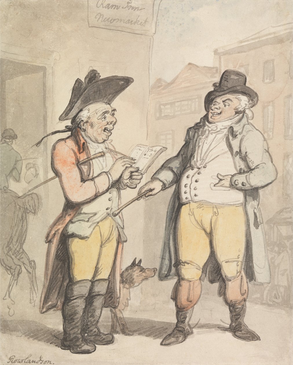 O Bookmaker e seu cliente fora do Ram Inn, Newmarket de Thomas Rowlandson