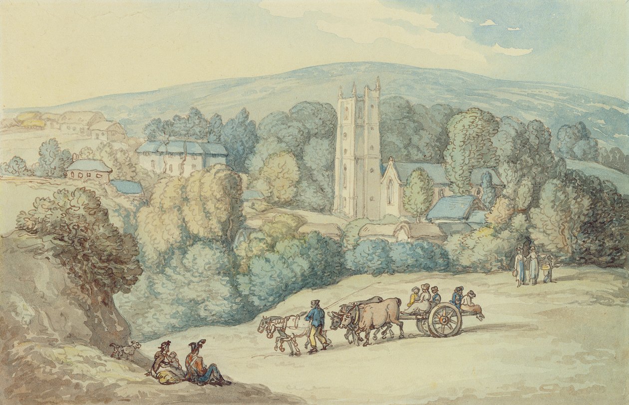 A Igreja e Aldeia de St. Cue, Cornwall, c.1812 (caneta e tinta e grafite sobre papel) de Thomas Rowlandson