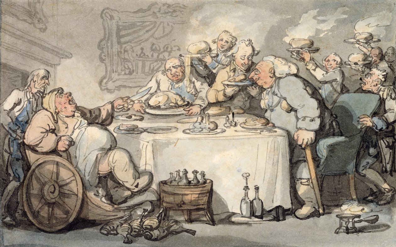 Os confortos de banho: Gouty Gourmand no jantar (wc no papel) de Thomas Rowlandson
