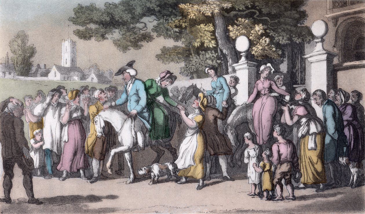 A partida de Wakefield, ilustração de &39;The Vicar of Wakefield&39; por Oliver Goldsmith, pub. Ackermann, 1817 (aquatinta colorida à mão) de Thomas Rowlandson