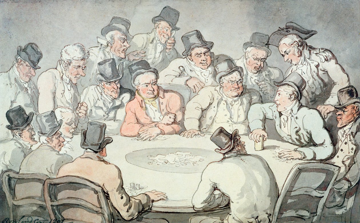 A mesa de jogo (caneta e tinta no papel) de Thomas Rowlandson