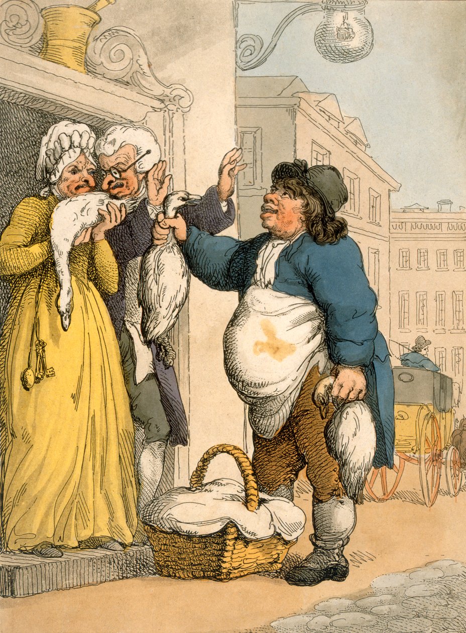 O vendedor de ganso, placa no.2 de &39;Cries of London&39; de Ackermann, 1799 (cor aquatint) de Thomas Rowlandson