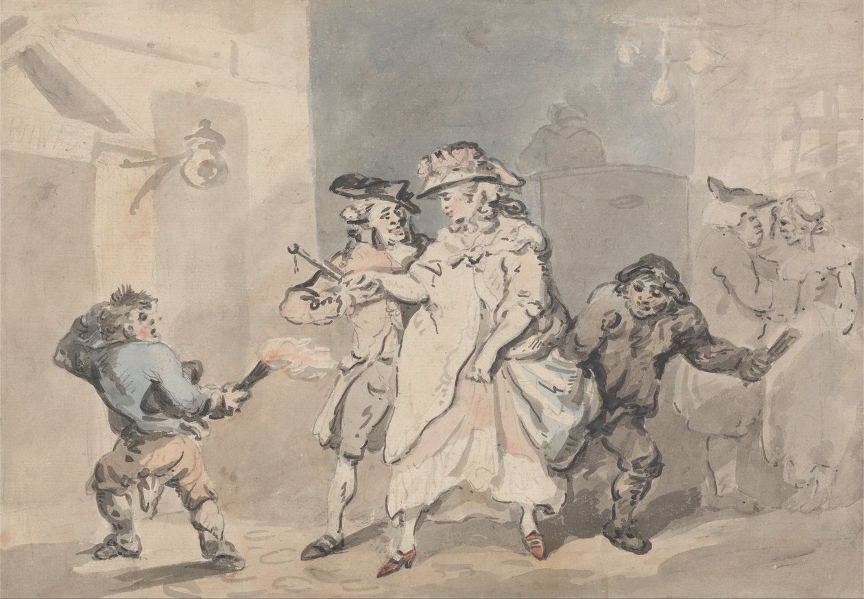 A porta da pensão (um homem escoltado por dois meninos da ligação a uma porta à esquerda) de Thomas Rowlandson