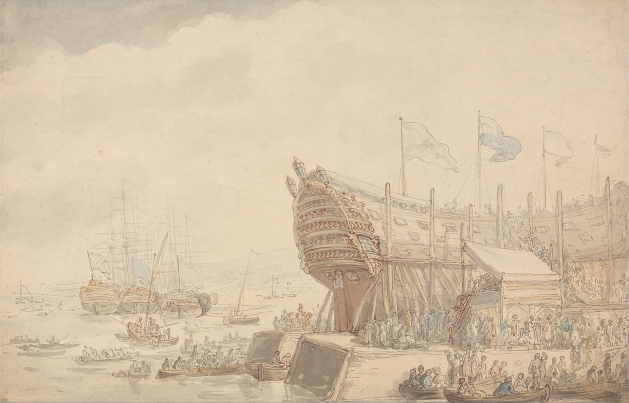 O lançamento do HMS Hibernia 1804 de Thomas Rowlandson