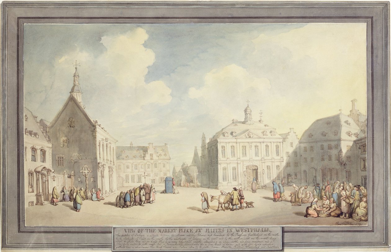 O Market Place em Juliers em Westphalia, 1791 (caneta e tinta e aquarela sobre grafite sobre papel) de Thomas Rowlandson