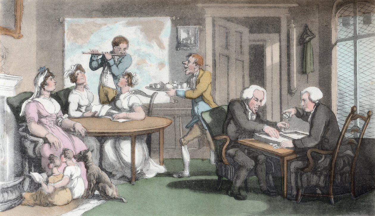 The Social Evening, ilustração de &39;O Vigário de Wakefield&39; por Oliver Goldsmith, pub. Ackermann, 1817 (aquatinta colorida à mão) de Thomas Rowlandson