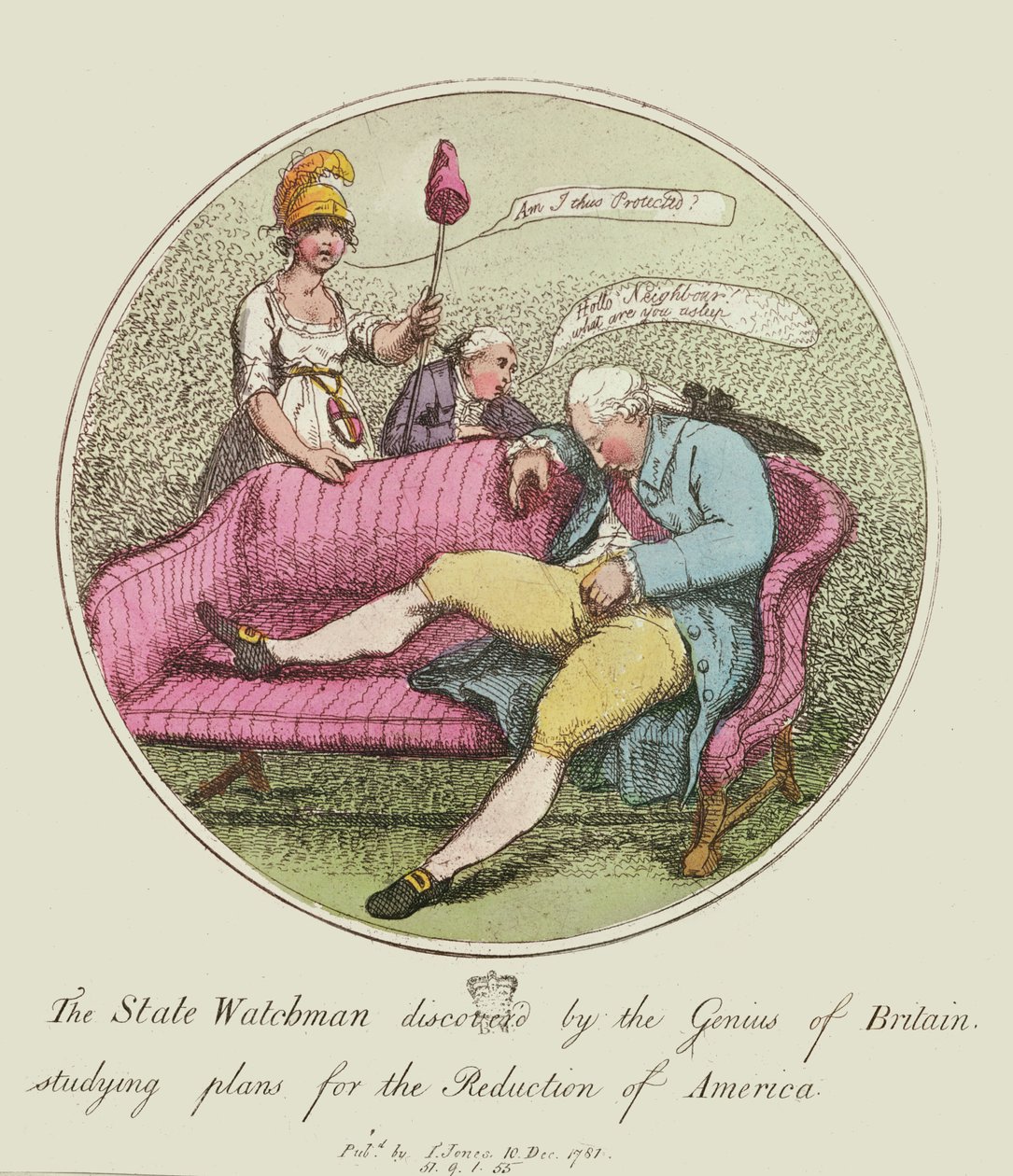 The State Watchman descoberto pelo gênio da Grã-Bretanha, estudando planos para a redução da América, 1781 (gravura a cores) de Thomas Rowlandson