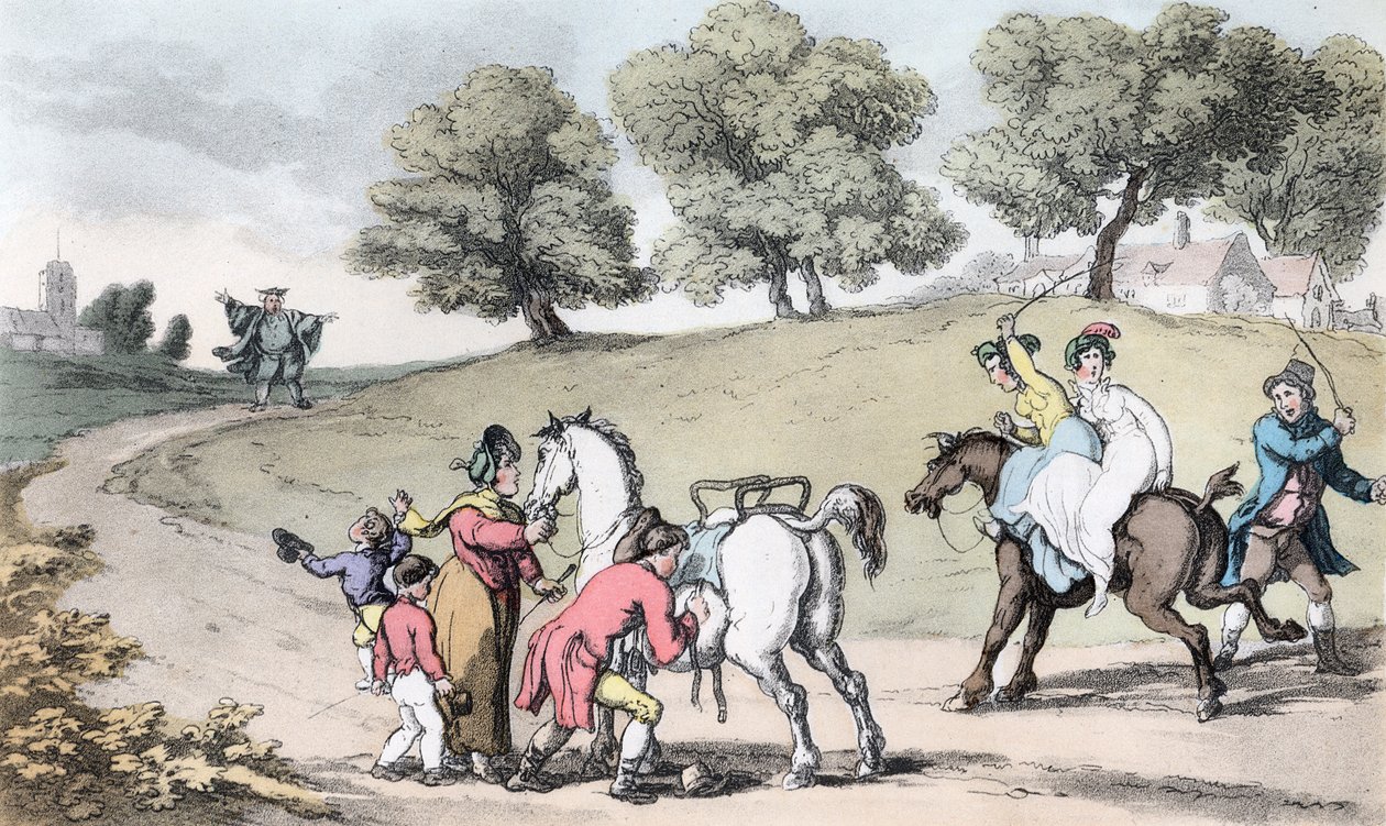 A Família do Vigário no caminho para a Igreja, ilustração de "O Vigário de Wakefield", de Oliver Goldsmith, pub. Ackermann, 1817 (aquatinta colorida à mão) de Thomas Rowlandson