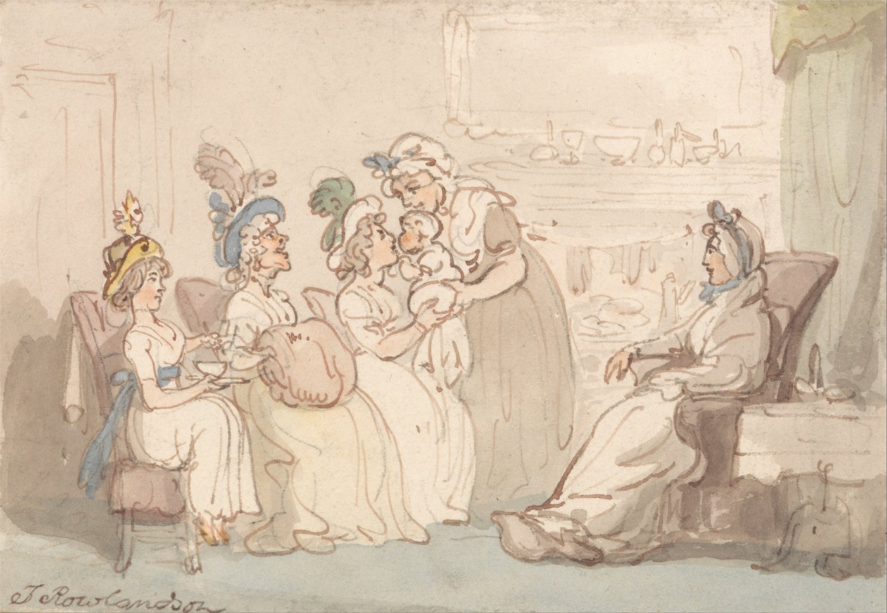 Os visitantes sendo mostrados o bebê de Thomas Rowlandson
