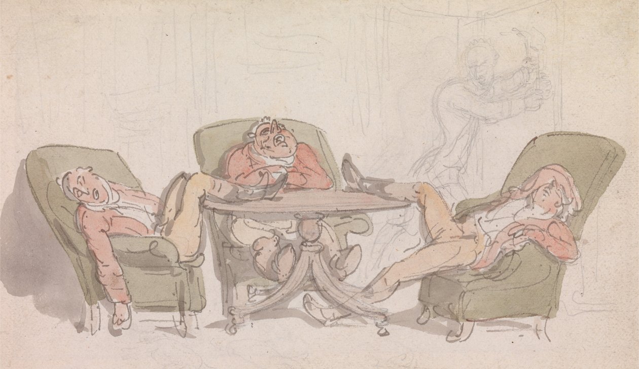 Três desportistas dormindo na mesa em suas cadeiras de Thomas Rowlandson