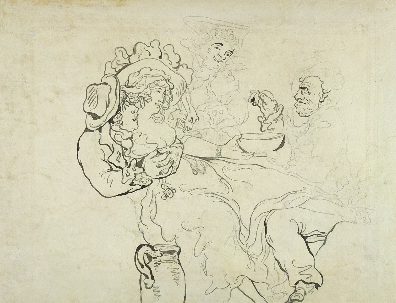 Três homens e uma mulher bebendo (caneta e tinta no papel) de Thomas Rowlandson