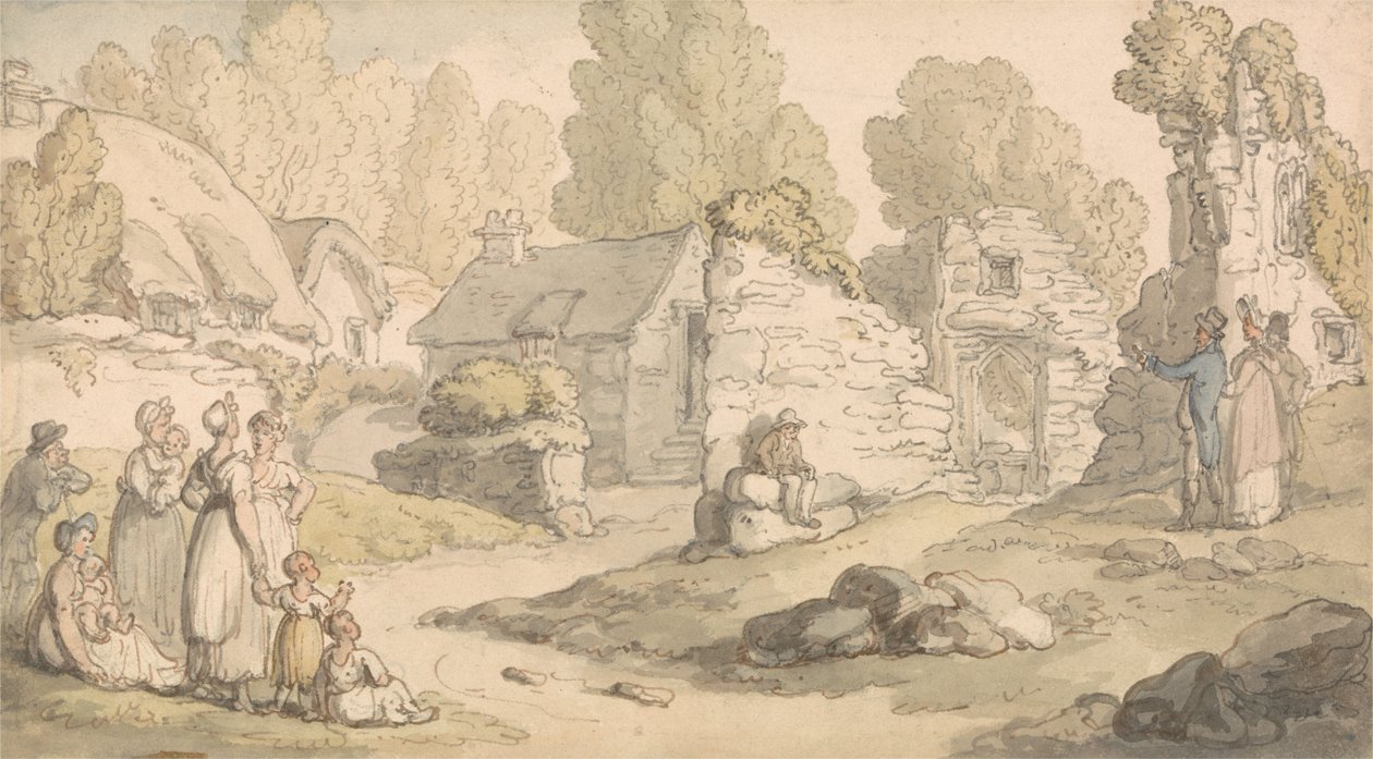 Visitantes que inspecionam as ruínas da abadia de Thomas Rowlandson