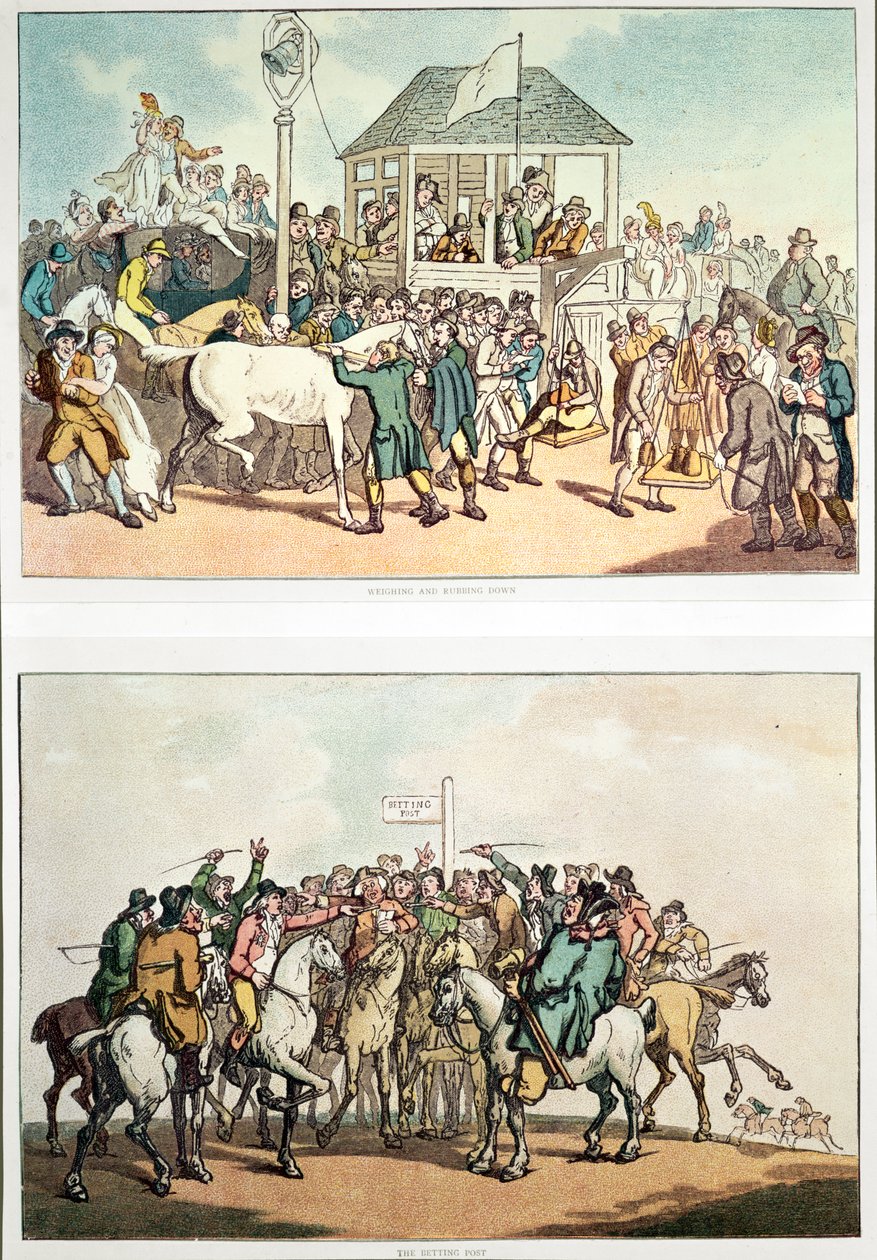 &39;Pesagem e Esfregar&39; e &39;O Posto de Apostas&39;, c.1789 de Thomas Rowlandson