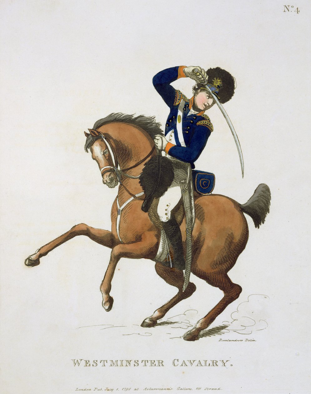 Voluntário da Cavalaria de Westminster, prato 4 de "Loyal Volunteers of London and Environs", publicado em 1798 de Thomas Rowlandson