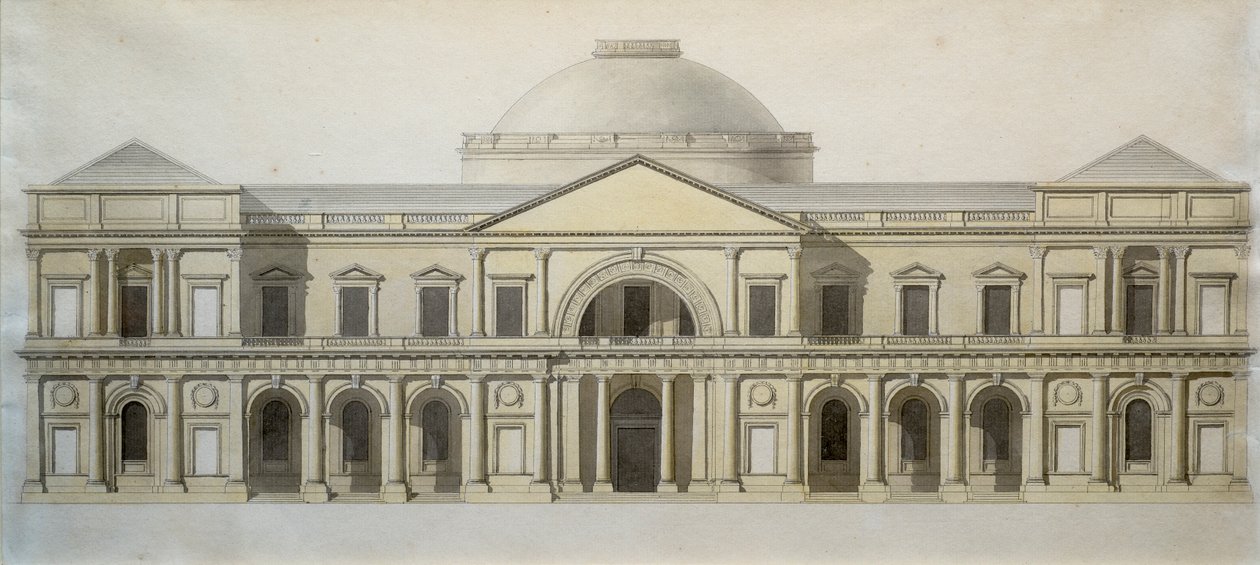 Projeto de competição para o edifício Royal Exchange em Dublin, c.1769 (caneta e tinta com tinta colorida sobre papel) de Thomas Sandby