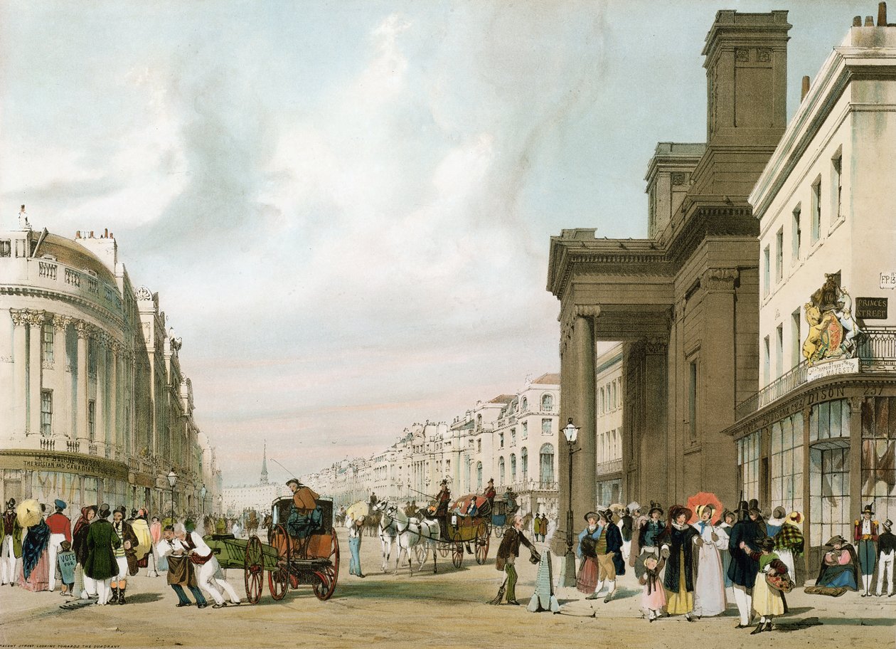 Regent Street, olhando em direção ao quadrante, de &39;London as It Is&39;, gravada e pub. pelo artista, 1842 de Thomas Shotter Boys