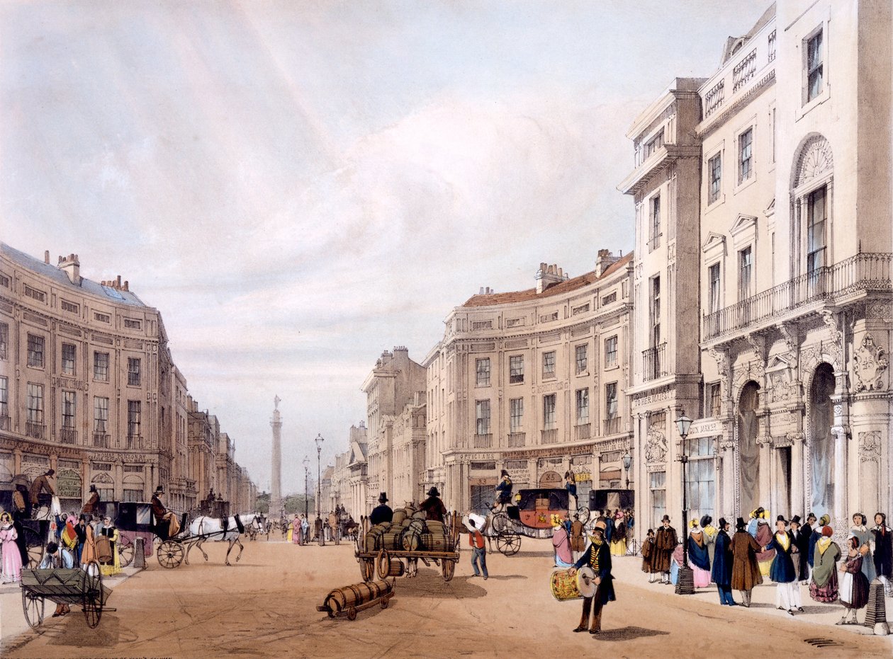Regent Street, olhando para a Coluna do Duque de York, de "London as it is drawn from nature", 1842 de Thomas Shotter Boys