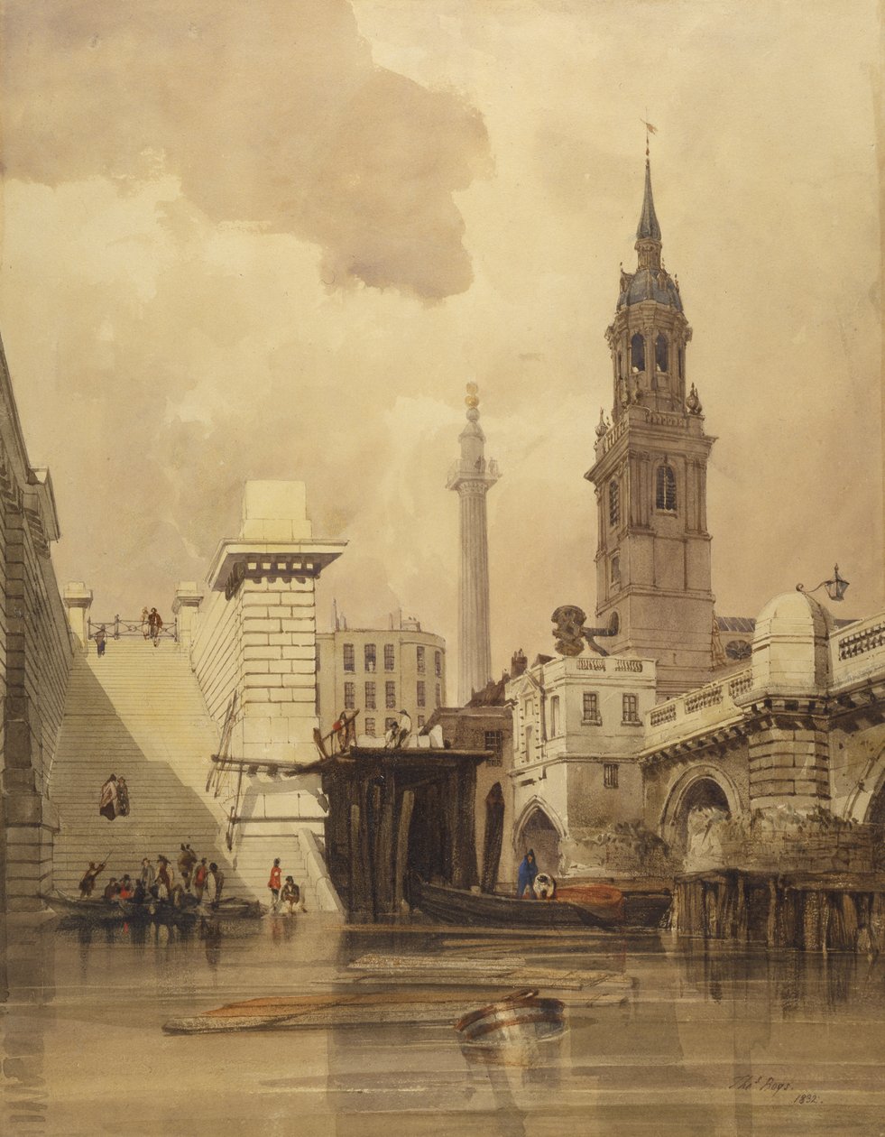 A, igreja, de, st., Magnus, a, mártir, por, ponte londres, com, monumento, em, a, fundo, (wc, ligado, paper) de Thomas Shotter Boys