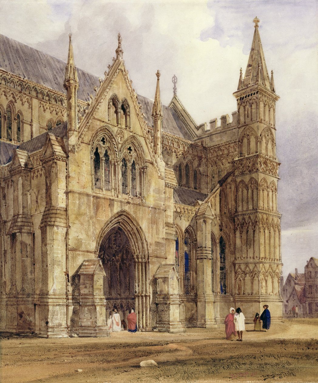 O North-West Porch da Catedral de Salisbury, 1832 (wc com caneta e tinta marrom sobre lápis sobre papel) de Thomas Shotter Boys