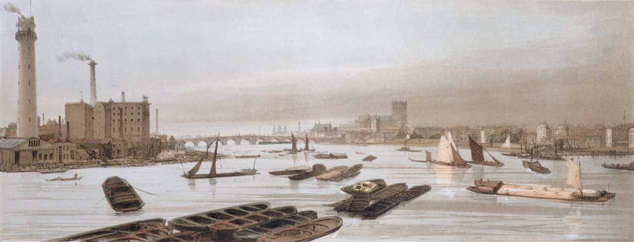 Westminster da ponte de Waterloo, incorporando a torre de tiro, de "Londres como é", gravada e publicada pelo artista, 1842 (ver 14208) de Thomas Shotter Boys