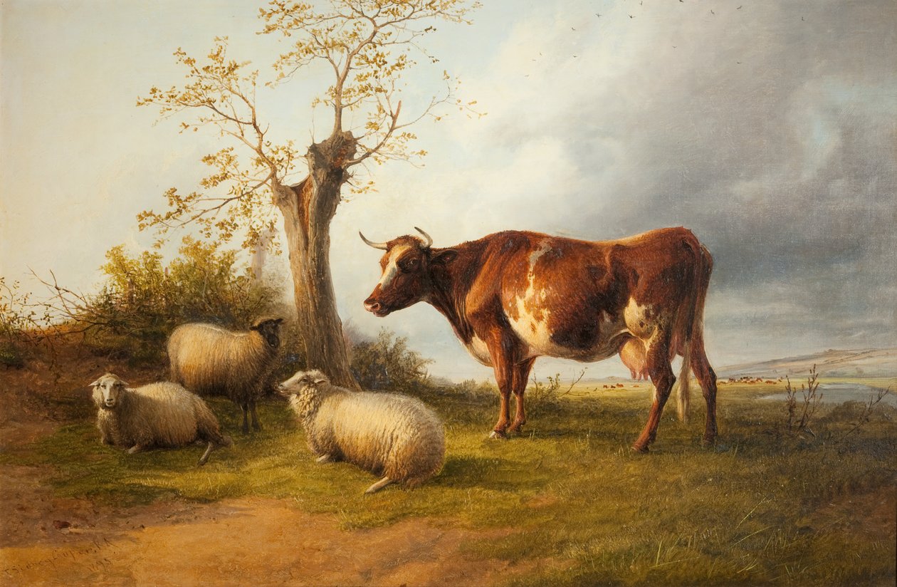 Vista em Stour Valley com vaca de Thomas Sidney Cooper