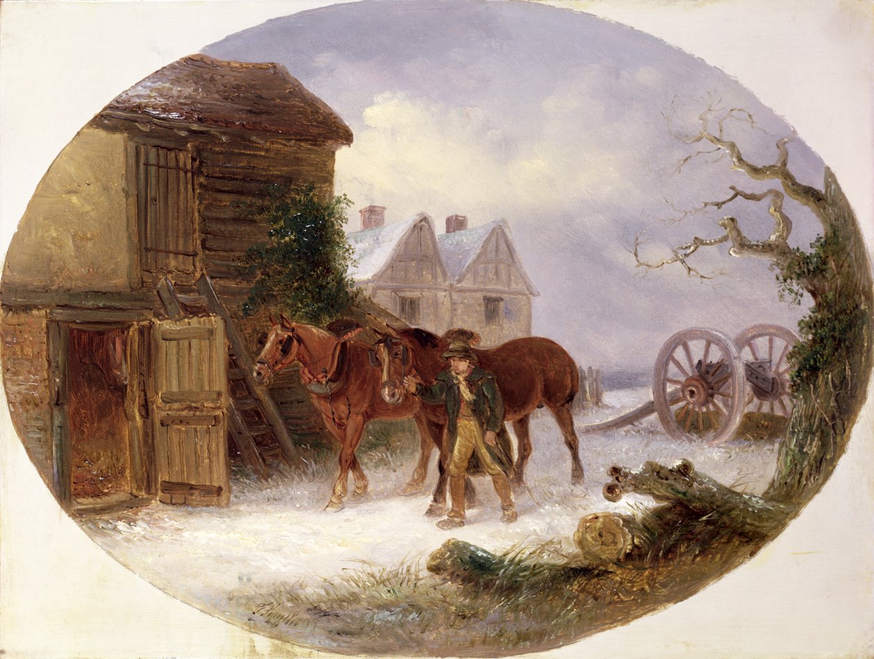 Rapaz levando cavalos para um celeiro na neve de Thomas Smythe