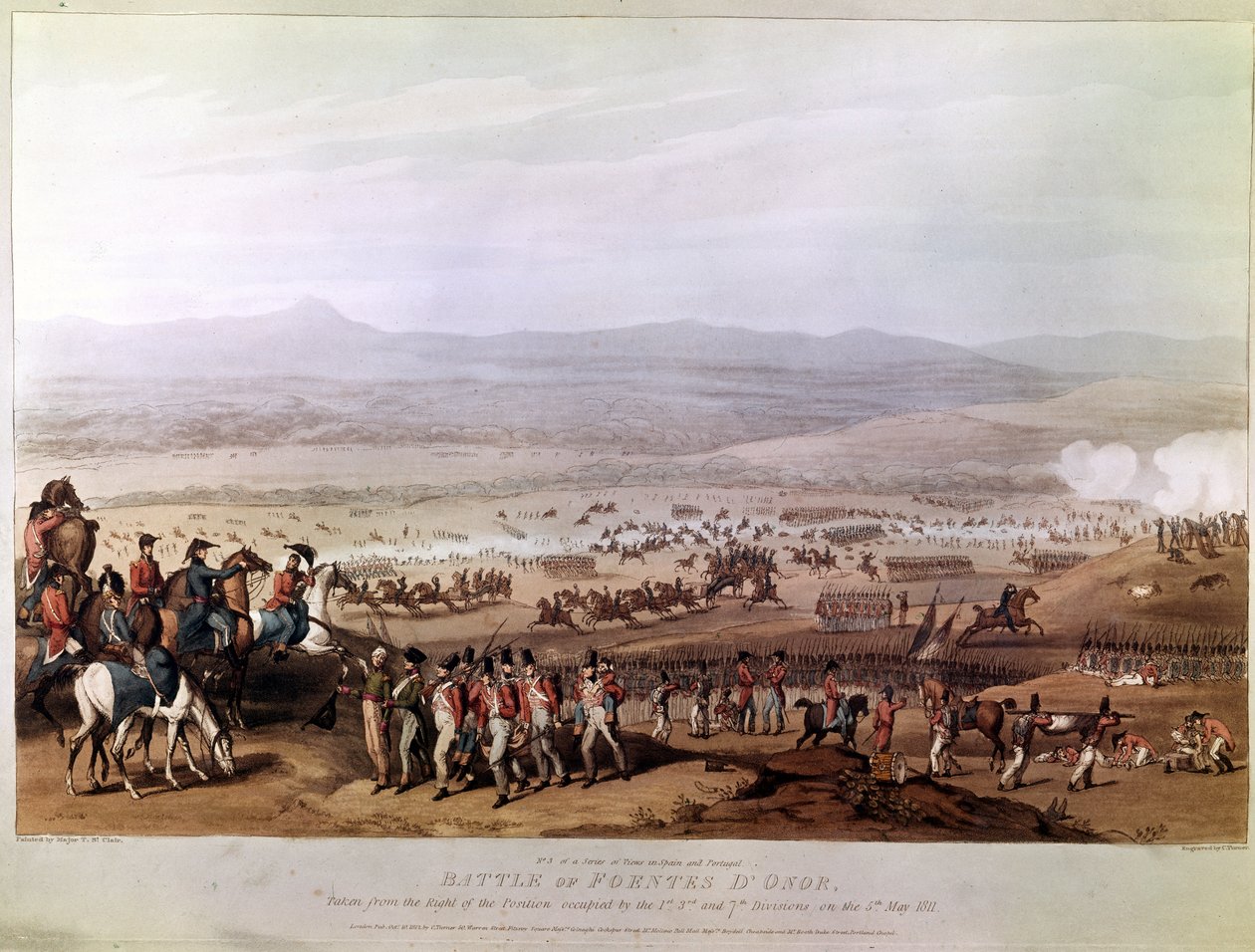 Batalha de Fuentes d&39;Onoro em 5 de maio de 1811, de "Uma série de opiniões sobre as principais ocorrências das campanhas na Espanha e Portugal", gravada por C. Turner, 1812 (aquatint) de Thomas Staunton St. Clair