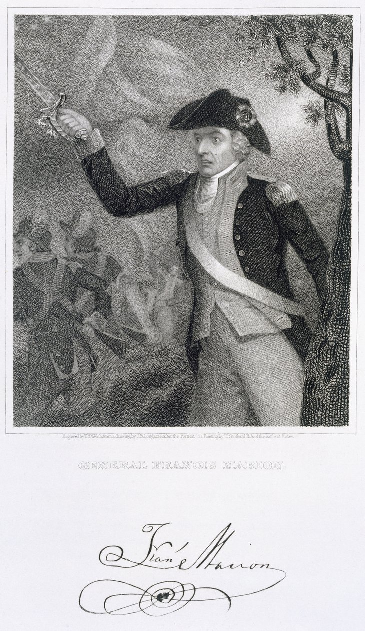 Retrato do General Francis Marion na Batalha de Eutaw Springs, 1781, gravado por Thomas B. Welch (1814-74) de um desenho de James Barton Longacre (1794-1869) de Thomas Stothard