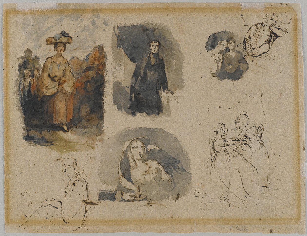 [Untitled] (Seven Figure Studies), c.1830s (tinta de fel de ferro & wc em papel envelhecido antigo bege, de peso médio, moderadamente texturado) (verso) de Thomas Sully