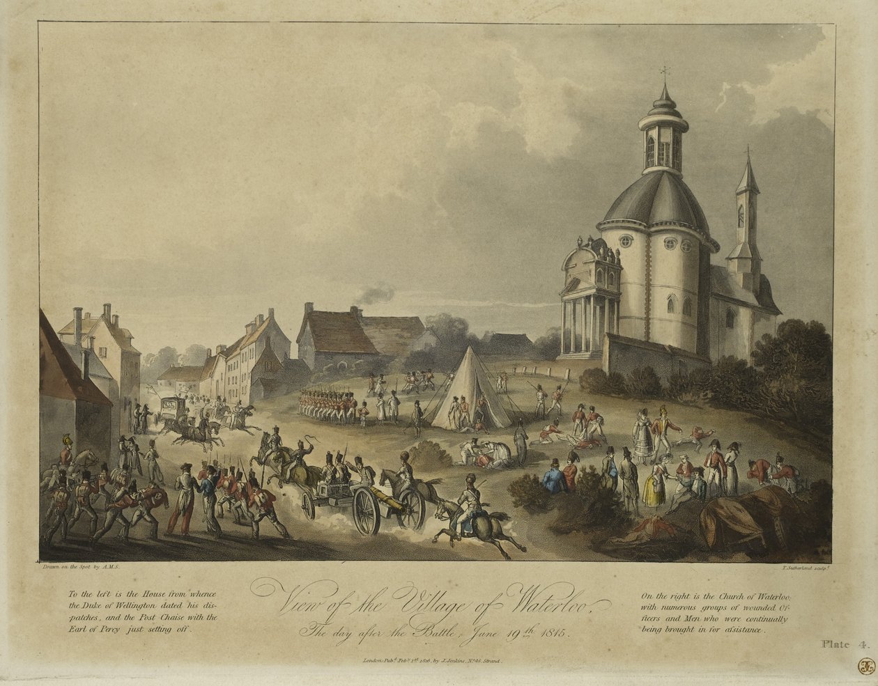 Vista da aldeia de Waterloo, o dia após a batalha, 19 de junho de 1815, após AMS, publicado por James Jenkins, 1 de fevereiro de 1816 (cor aquatint) de Thomas Sutherland