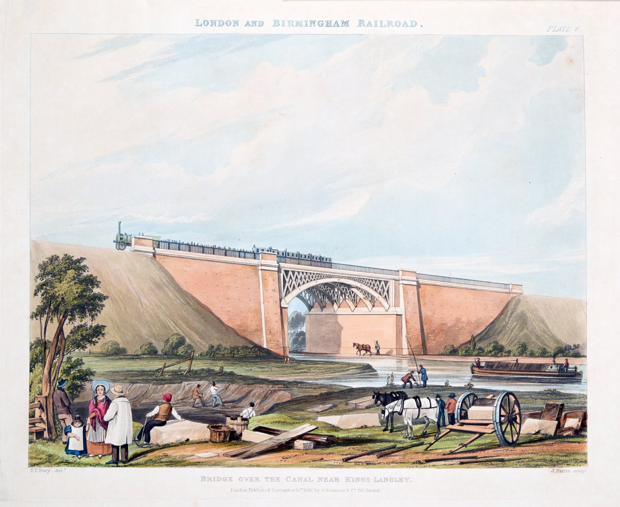 Ponte sobre o canal perto de Kings-Langley, 1837 (gravura colorida à mão) de Thomas Talbot Bury