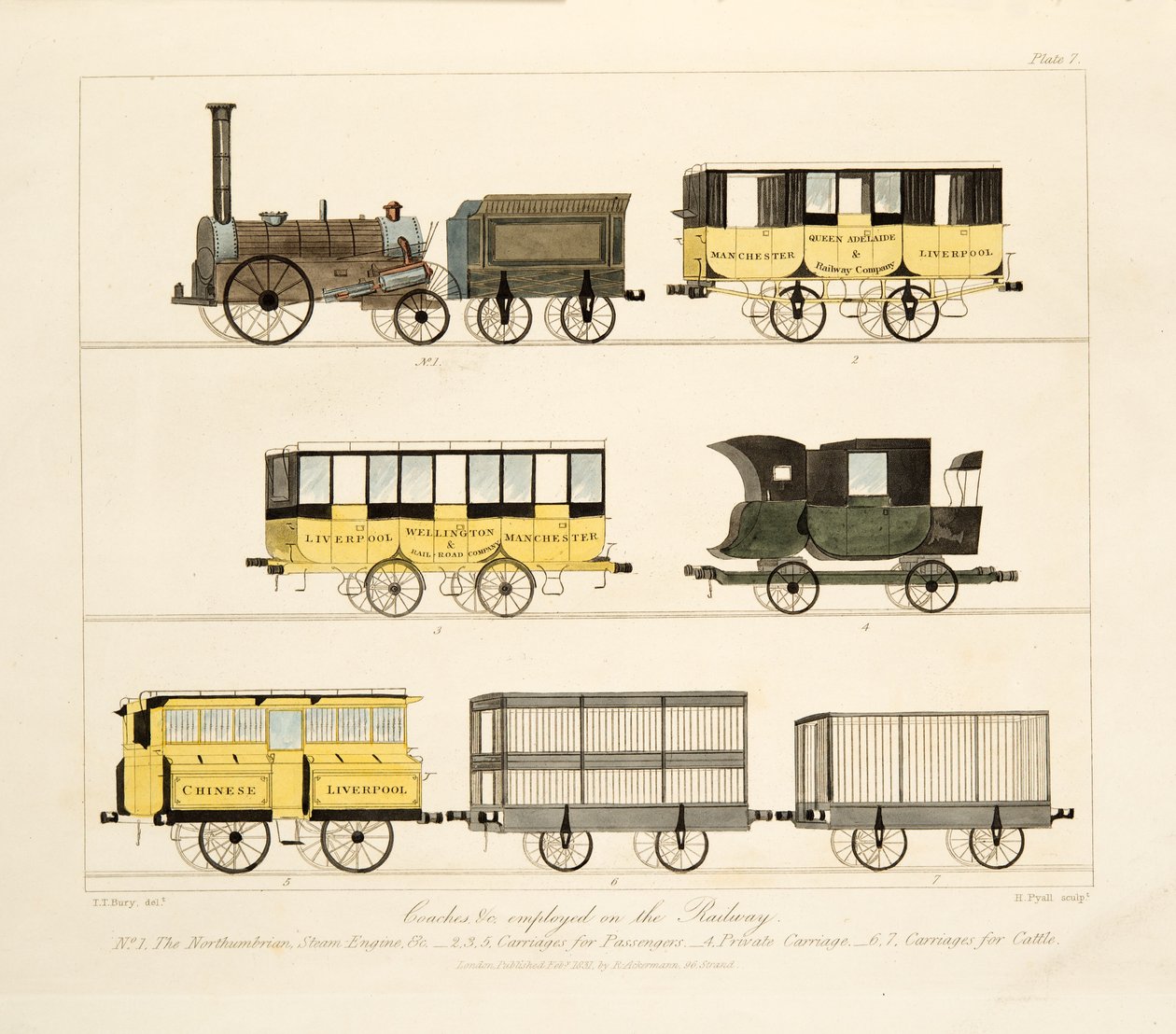Treinadores etc. empregados na estrada de ferro, 1831 (gravura colorida à mão) de Thomas Talbot Bury