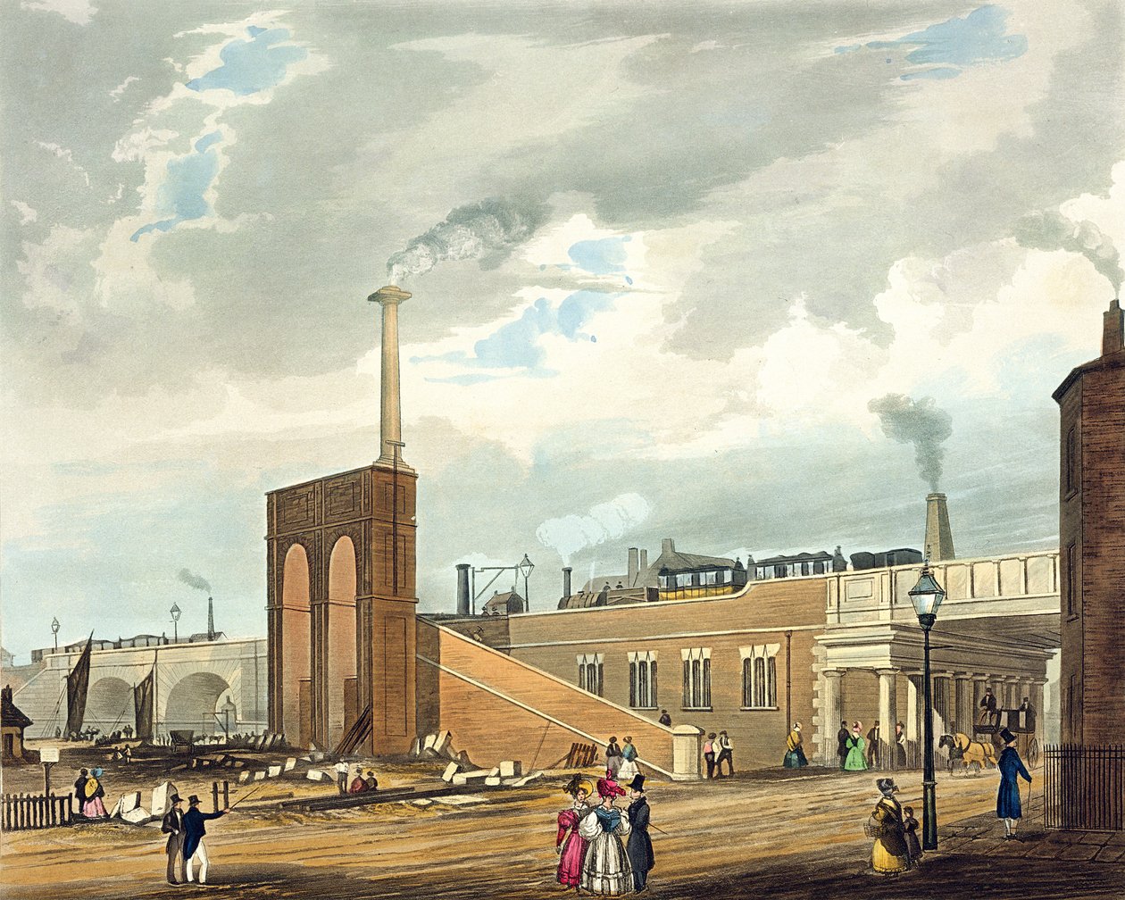 Entrada em Manchester pela Water Street, placa 6 da "Vista colorida da Liverpool und Manchester Railway", publicada por Ackermann und Co., Londres, 1833 de Thomas Talbot Bury