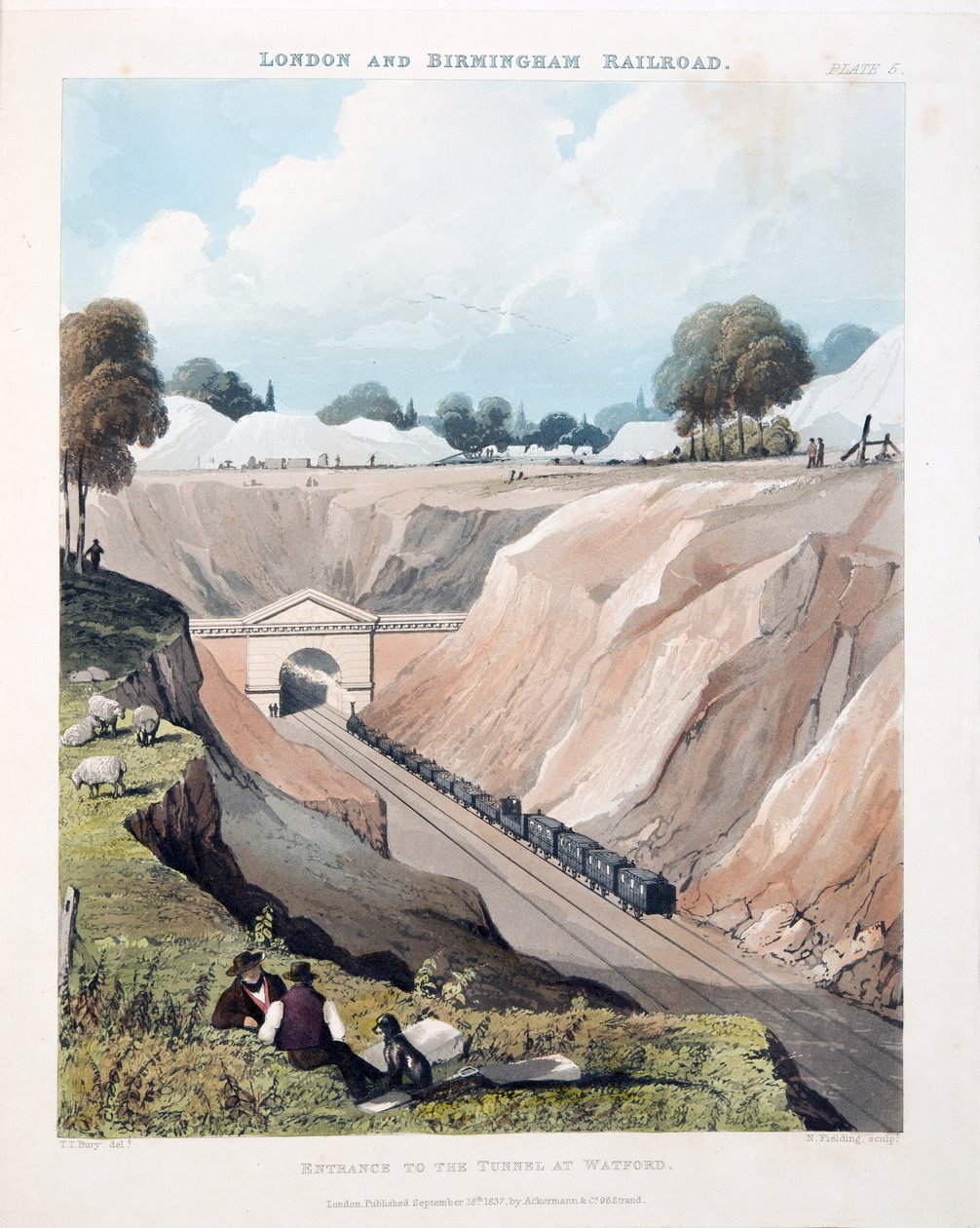 Entrada para o túnel em Watford, 1837 (gravura colorida à mão) de Thomas Talbot Bury
