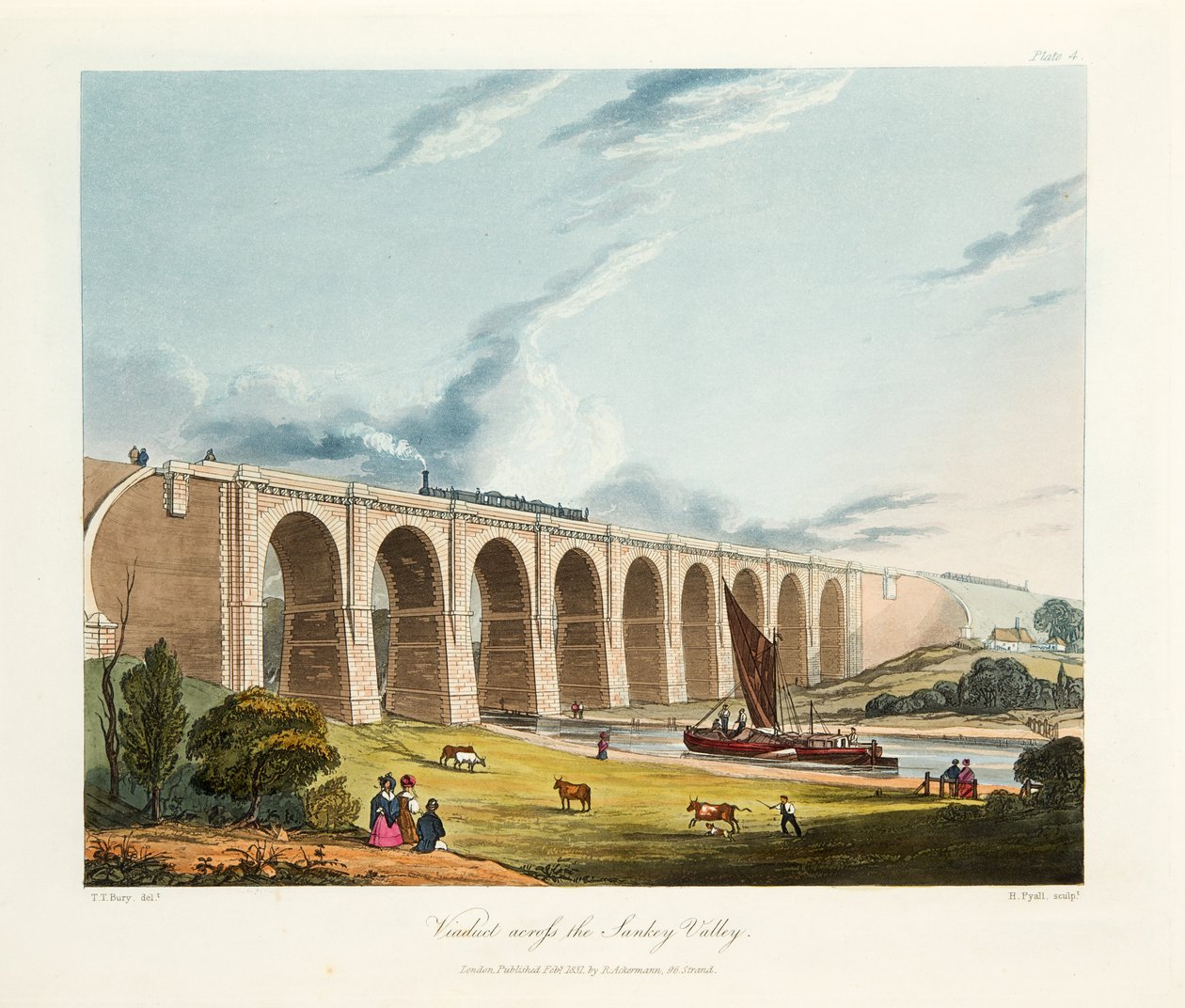 Viaduto Através do Vale Sankey, 1831 (gravura colorida à mão) de Thomas Talbot Bury