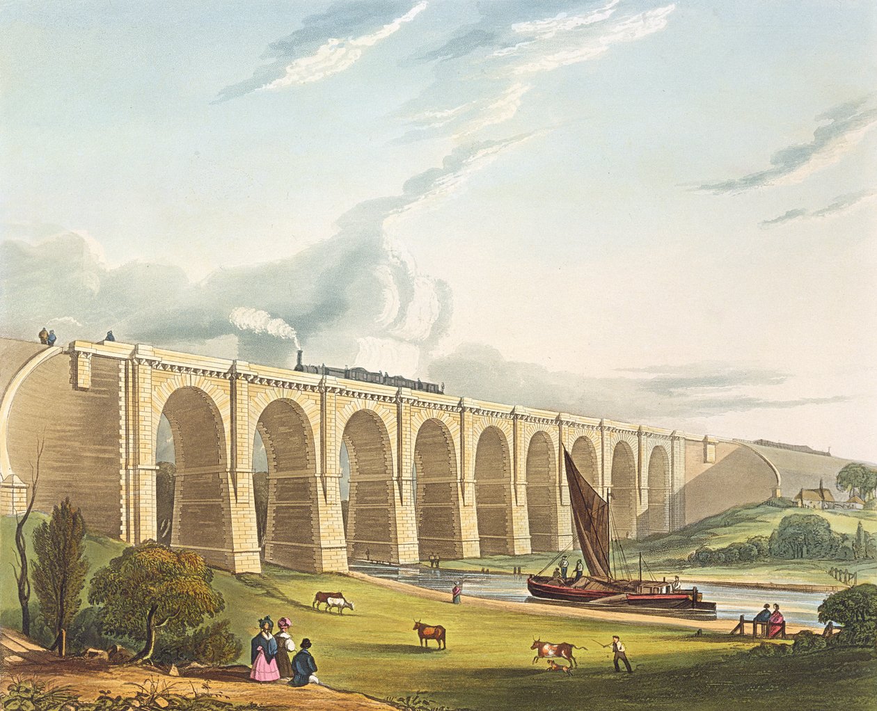 Viaduto através do vale de Sankey, placa 4 &39;de Liverpool e Manchester Railway&39;, gravada por Henry Pyall (1795-1833), bar. por R. Ackermann, 1831 de Thomas Talbot Bury
