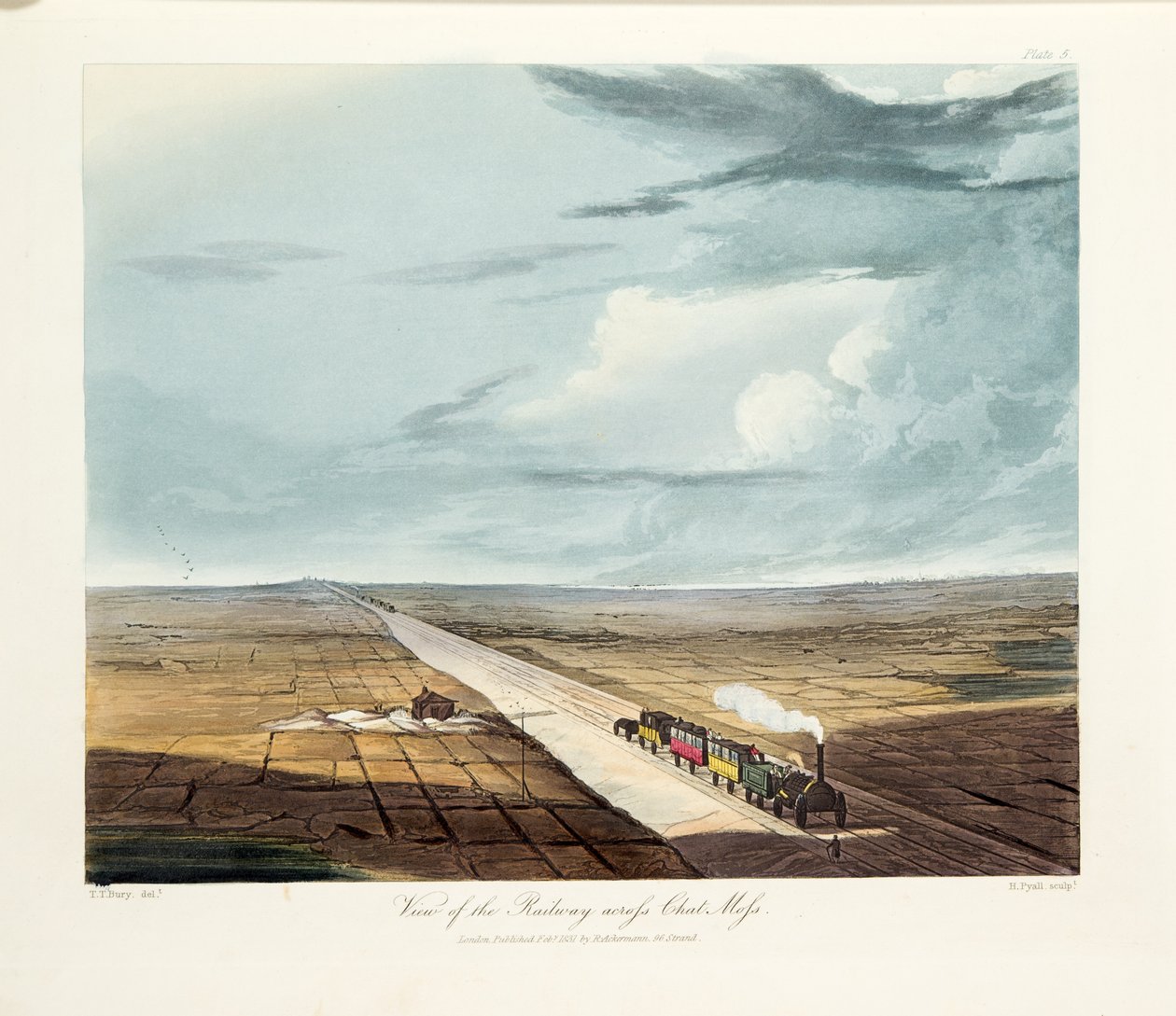 Vista da estrada de ferro através do Chat Moss, 1831 (gravura colorida à mão) de Thomas Talbot Bury