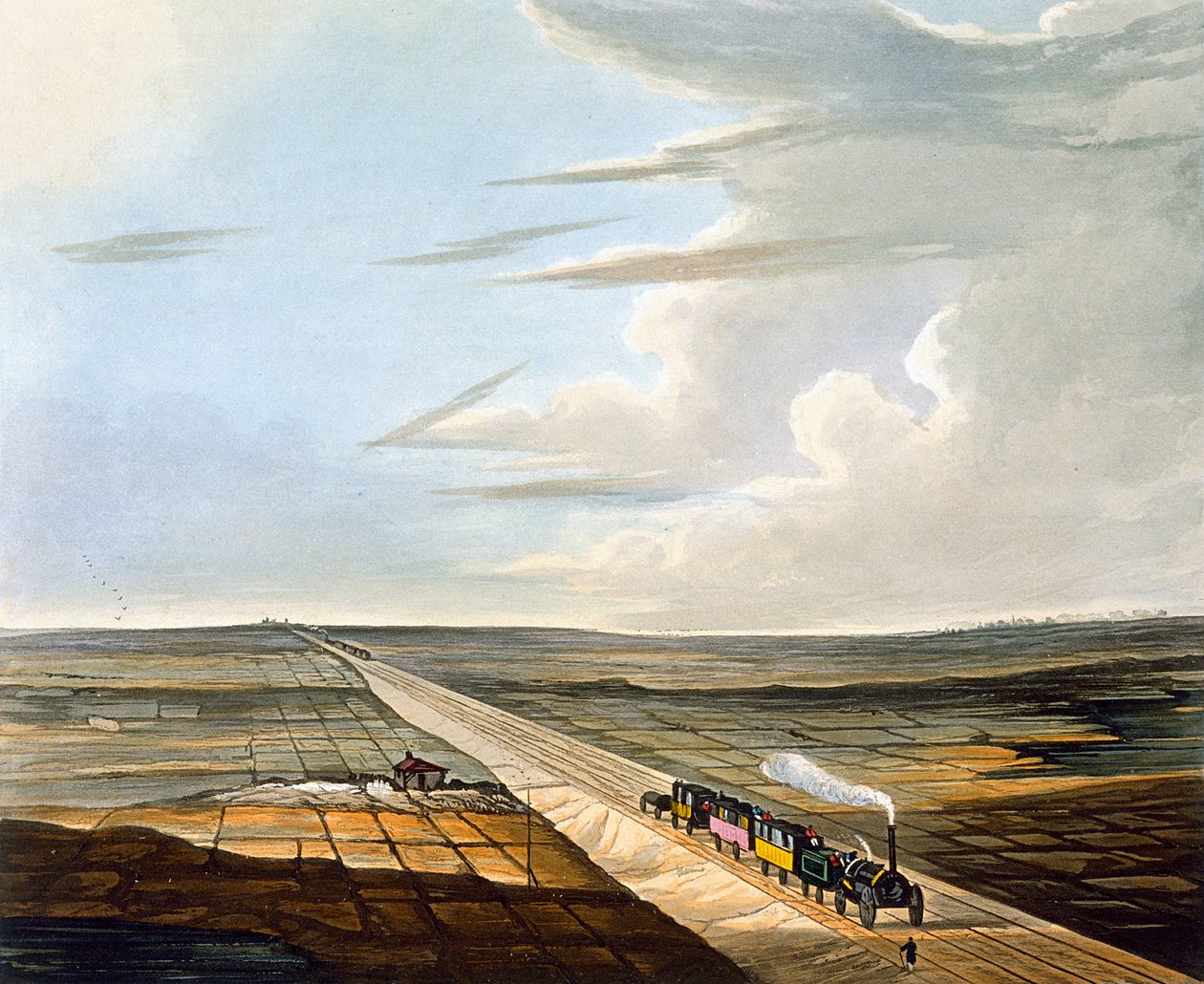 Vista da estrada de ferro através de Chat Moss, placa 5 de &39;cor vista da Liverpool e Manchester Railway&39;, gravada por H. Pyall, publicado pela Ackermann und Co., Londres, publicado em 1833 de Thomas Talbot Bury